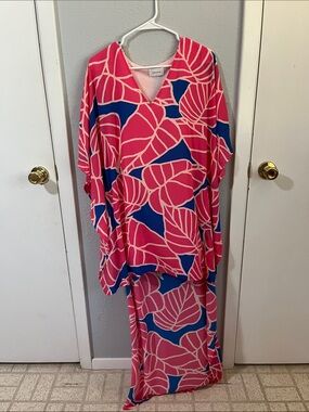 Lilly Pulitzer Hot Pink & Cobalt Blue Leaf-Print V-Neck Maxi Dress
